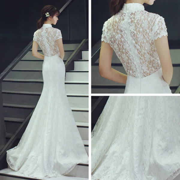 Style Chinois Salle Robe De Mariée 2017 Blanche Trompette / Sirène Chapel Train Col Haut Manches Courtes Dos Nu Paillettes Dentelle Appliques
