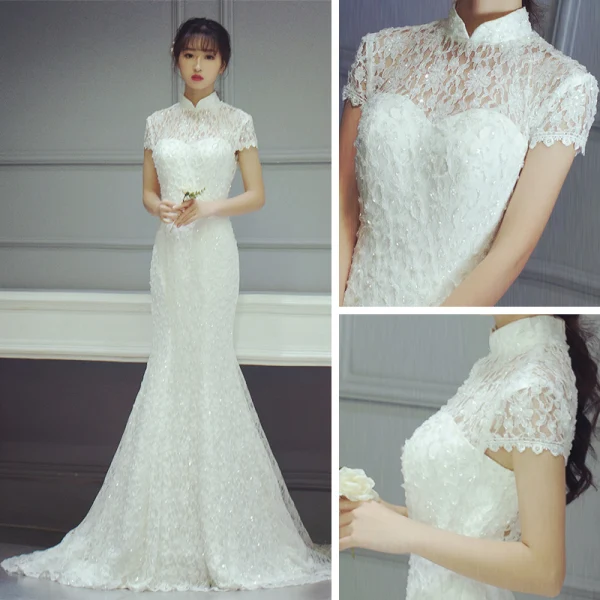 Style Chinois Salle Robe De Mariée 2017 Blanche Trompette / Sirène Chapel Train Col Haut Manches Courtes Dos Nu Paillettes Dentelle Appliques