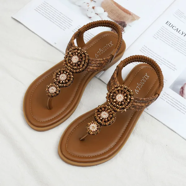 Böhmen Sommer Beige Strand Strass Sandalen Damen 2022 T-Riemen Flache Peeptoes Sandaletten
