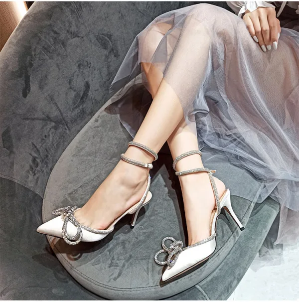 Sexy Pool Blue Evening Party Womens Shoes 2022 Satin Rhinestone Bow 9 cm Stiletto Heels Ankle Strap Pointed Toe High Heels