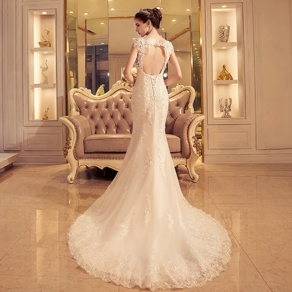 Abordable Robe De Mariée 2017 Trompette / Sirène Chapel Train Sans Manches Dos Nu Encolure Dégagée En Dentelle Appliques Paillettes