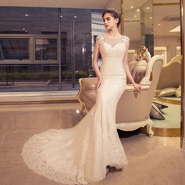 Abordable Robe De Mariée 2017 Trompette / Sirène Chapel Train Sans Manches Dos Nu Encolure Dégagée En Dentelle Appliques Paillettes