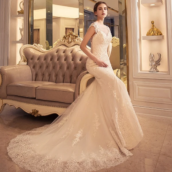Abordable Robe De Mariée 2017 Trompette / Sirène Chapel Train Sans Manches Dos Nu Encolure Dégagée En Dentelle Appliques Paillettes