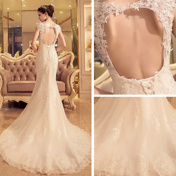 Abordable Robe De Mariée 2017 Trompette / Sirène Chapel Train Sans Manches Dos Nu Encolure Dégagée En Dentelle Appliques Paillettes