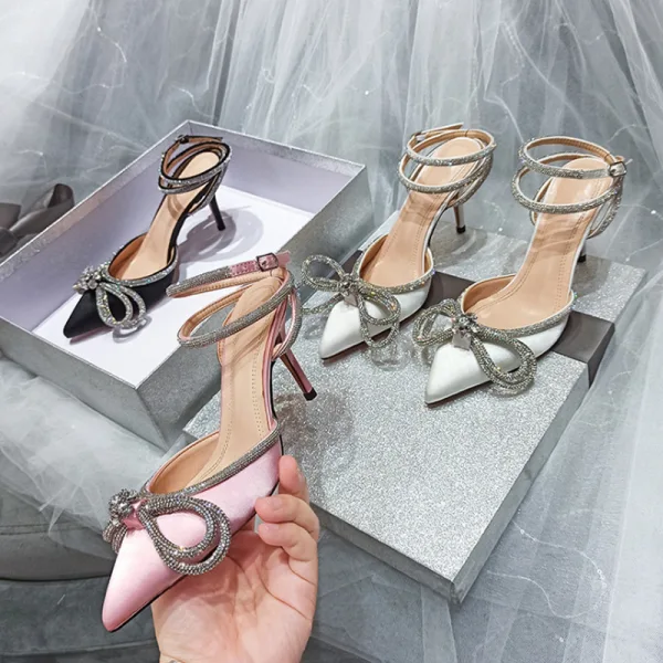 Sexy Pool Blue Evening Party Womens Shoes 2022 Satin Rhinestone Bow 9 cm Stiletto Heels Ankle Strap Pointed Toe High Heels