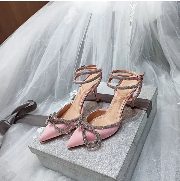 Sexy Pool Blue Evening Party Womens Shoes 2022 Satin Rhinestone Bow 9 cm Stiletto Heels Ankle Strap Pointed Toe High Heels