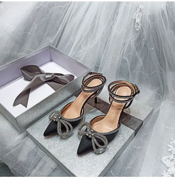 Sexy Pool Blue Evening Party Womens Shoes 2022 Satin Rhinestone Bow 9 cm Stiletto Heels Ankle Strap Pointed Toe High Heels