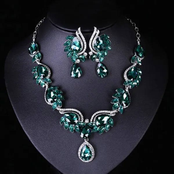 Baroque Dark Green Crystal Rhinestone Prom Necklaces Earrings 2023 Alloy Accessories