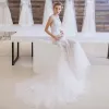 Chic / Beautiful Affordable Church Wedding Dresses 2017 White Trumpet / Mermaid Chapel Train Scoop Neck Sleeveless Backless Lace Appliques Sequins