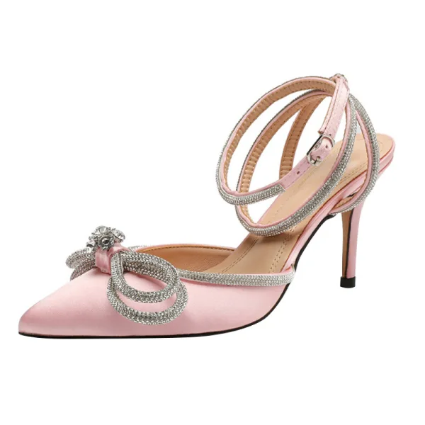 Sexy Pool Blue Evening Party Womens Shoes 2022 Satin Rhinestone Bow 9 cm Stiletto Heels Ankle Strap Pointed Toe High Heels