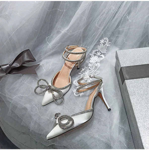 Sexy Pool Blue Evening Party Womens Shoes 2022 Satin Rhinestone Bow 9 cm Stiletto Heels Ankle Strap Pointed Toe High Heels