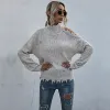 Ripped Black Knitting Women Sweaters 2021 High Neck Loose Cotton Casual Fall Winter Long Sleeve Street Wear Tops