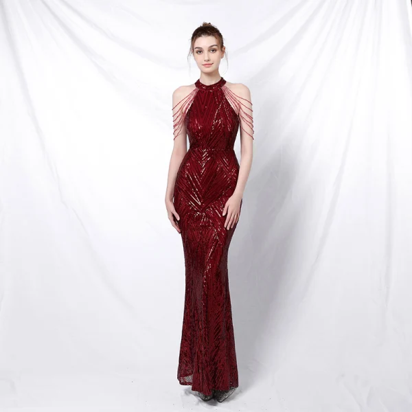 Charming Black Sequins Evening Dresses 2022 Trumpet / Mermaid Scoop Neck Beading Tassel Sleeveless Floor-Length / Long Evening Party Formal Dresses