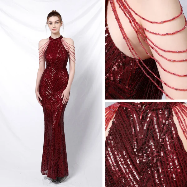 Charming Black Sequins Evening Dresses 2022 Trumpet / Mermaid Scoop Neck Beading Tassel Sleeveless Floor-Length / Long Evening Party Formal Dresses