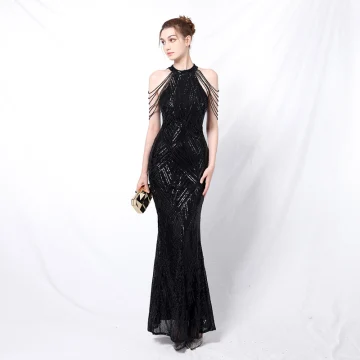 Charming Black Sequins Evening Dresses 2022 Trumpet Mermaid Scoop Neck Beading Tassel Sleeveless Floor Length Long Evening Party Formal Dresses