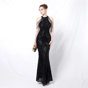 Encantador Negro Lentejuelas Vestidos De Noche 2022 Trumpet Mermaid Scoop Escote Rebordear Tassel Sin Mangas Largos Noche Vestidos Formales