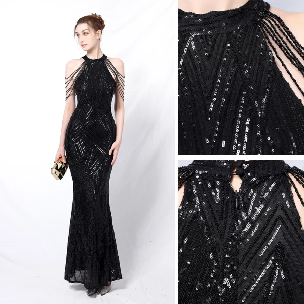 Charming Black Sequins Evening Dresses 2022 Trumpet / Mermaid Scoop Neck Beading Tassel Sleeveless Floor-Length / Long Evening Party Formal Dresses