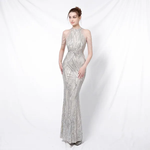 Charming Black Sequins Evening Dresses 2022 Trumpet / Mermaid Scoop Neck Beading Tassel Sleeveless Floor-Length / Long Evening Party Formal Dresses