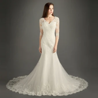 Chic Beautiful Church Wedding Dresses 2017 White Trumpet Mermaid Chapel Train V Neck Backless 3 4 Sleeve Pearl Beading Lace Appliques