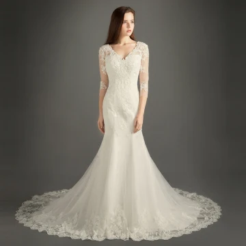 Chic Beautiful Church Wedding Dresses 2017 White Trumpet Mermaid Chapel Train V Neck Backless 3 4 Sleeve Pearl Beading Lace Appliques
