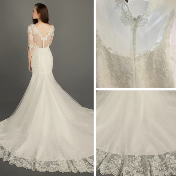 Chic / Belle Église Robe De Mariée 2017 Blanche Trompette / Sirène Chapel Train V-Cou Dos Nu 3/4 Manches Perle Perlage En Dentelle Appliques