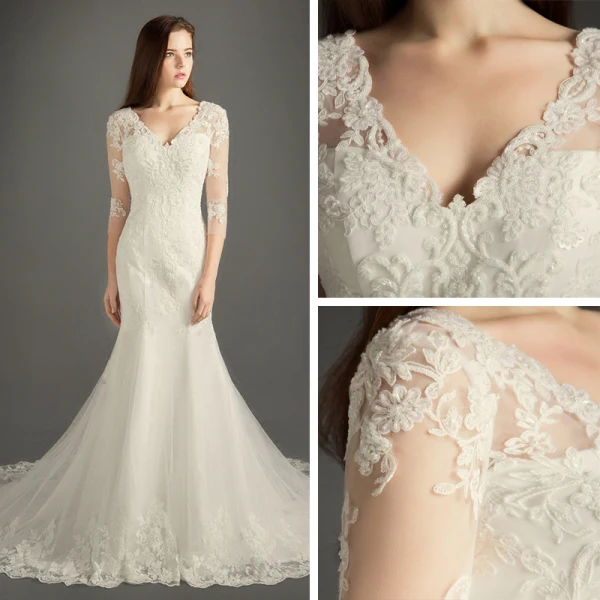 Chic / Belle Église Robe De Mariée 2017 Blanche Trompette / Sirène Chapel Train V-Cou Dos Nu 3/4 Manches Perle Perlage En Dentelle Appliques