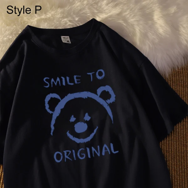 Summer Street Wear White Cartoon Loose T-Shirts 2021 Cotton Scoop Neck Short Sleeve Women's Tops