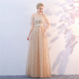 Chic Belle Champagne Robe De Soirée 2018 Princesse De L 039 Épaule Manches Courtes Glitter Tulle Métal Ceinture Longue Volants Dos Nu Robe De Ceremonie