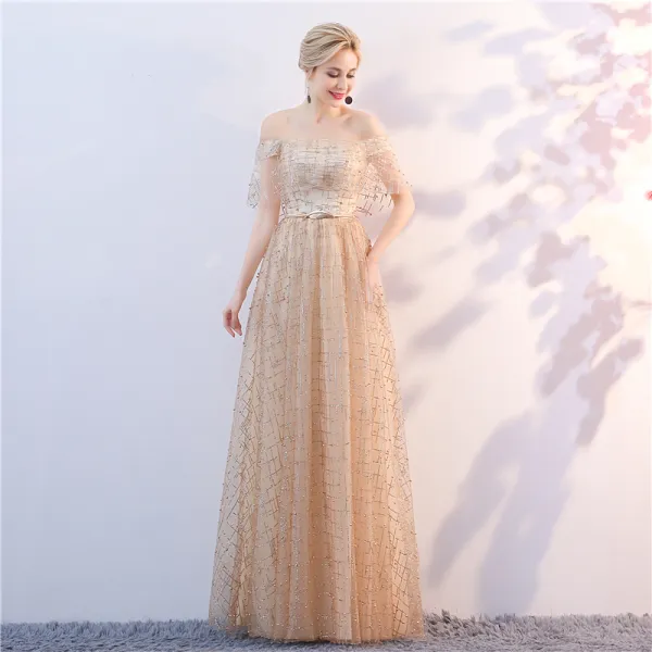 Chic / Beautiful Champagne Evening Dresses  2018 A-Line / Princess Off-The-Shoulder Short Sleeve Glitter Tulle Metal Sash Floor-Length / Long Ruffle Backless Formal Dresses