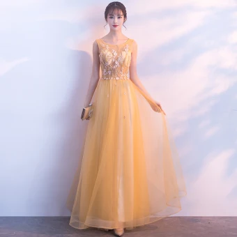 Élégant Doré Robe De Soirée 2018 Princesse Encolure Dégagée Sans Manches Appliques Fleur Perlage Longue Volants Dos Nu Robe De Ceremonie