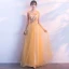 Elegant Gold Evening Dresses  2018 A-Line / Princess Scoop Neck Sleeveless Appliques Flower Beading Floor-Length / Long Ruffle Backless Formal Dresses