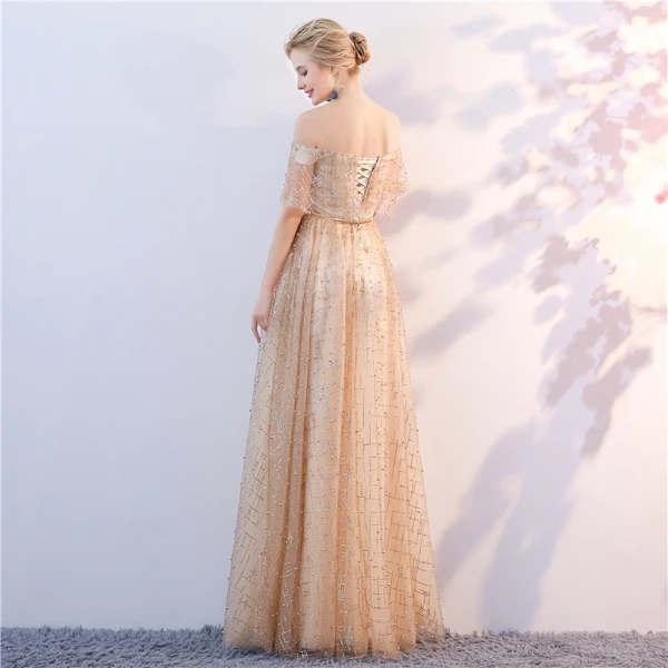 evening caftan dress V Neck Champagne Lace Mermaid Prom Dresses, Backless Champagne Lace Fo –  jbydress main image 1