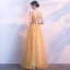 Elegant Gold Evening Dresses  2018 A-Line / Princess Scoop Neck Sleeveless Appliques Flower Beading Floor-Length / Long Ruffle Backless Formal Dresses