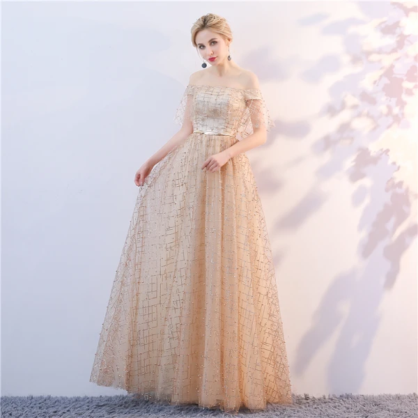 Chic / Beautiful Champagne Evening Dresses 2018 A-Line / Princess Off-The-Shoulder Short Sleeve Glitter Tulle Metal Sash Floor-Length / Long Ruffle Backless Formal Dresses