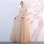 Chic / Beautiful Champagne Evening Dresses  2018 A-Line / Princess Off-The-Shoulder Short Sleeve Glitter Tulle Metal Sash Floor-Length / Long Ruffle Backless Formal Dresses