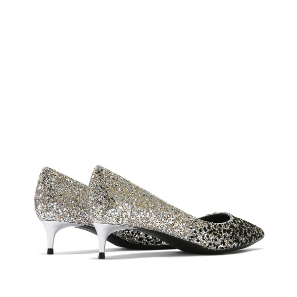 Schöne Silber Abend Pumps 2019 Leder Pailletten 4 cm Stilettos Spitzschuh Low Heel Pumps