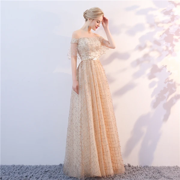 Chic / Beautiful Champagne Evening Dresses 2018 A-Line / Princess Off-The-Shoulder Short Sleeve Glitter Tulle Metal Sash Floor-Length / Long Ruffle Backless Formal Dresses
