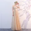 Chic / Beautiful Champagne Evening Dresses  2018 A-Line / Princess Off-The-Shoulder Short Sleeve Glitter Tulle Metal Sash Floor-Length / Long Ruffle Backless Formal Dresses