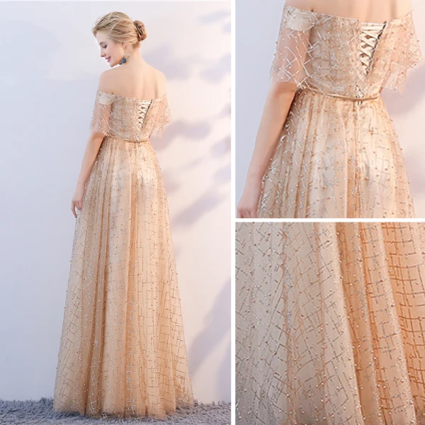 Chic / Beautiful Champagne Evening Dresses 2018 A-Line / Princess Off-The-Shoulder Short Sleeve Glitter Tulle Metal Sash Floor-Length / Long Ruffle Backless Formal Dresses
