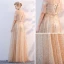 Chic / Beautiful Champagne Evening Dresses  2018 A-Line / Princess Off-The-Shoulder Short Sleeve Glitter Tulle Metal Sash Floor-Length / Long Ruffle Backless Formal Dresses