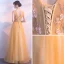 Elegant Gold Evening Dresses  2018 A-Line / Princess Scoop Neck Sleeveless Appliques Flower Beading Floor-Length / Long Ruffle Backless Formal Dresses