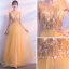 Elegant Gold Evening Dresses  2018 A-Line / Princess Scoop Neck Sleeveless Appliques Flower Beading Floor-Length / Long Ruffle Backless Formal Dresses