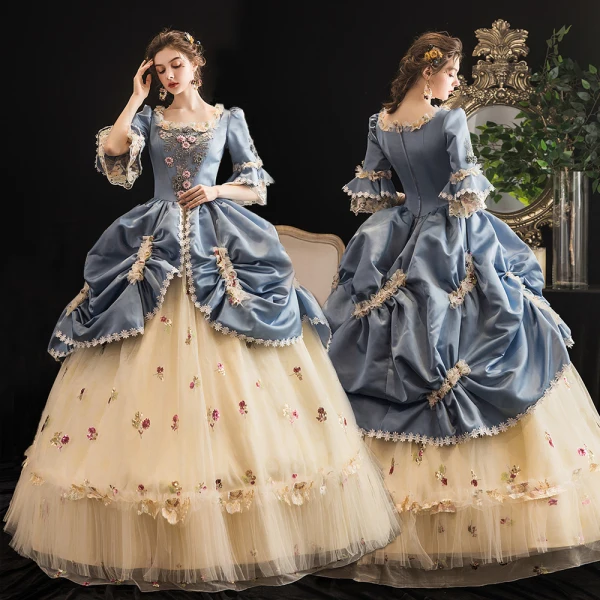 Vintage / Retro Medieval Champagne Ball Gown Prom Dresses 2021 Square Neckline 1/2 Sleeves Floor-Length / Long 3D Lace Handmade Flower Backless Beading Rhinestone Cosplay Prom Formal Dresses