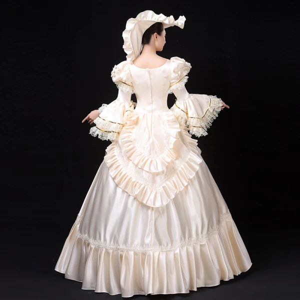 Vintage / Retro Medieval Elegant Ivory Ball Gown Prom Dresses 2021 U-Neck Long Sleeve Floor-Length / Long 3D Lace Beading Sequins Handmade Cosplay Prom Formal Dresses