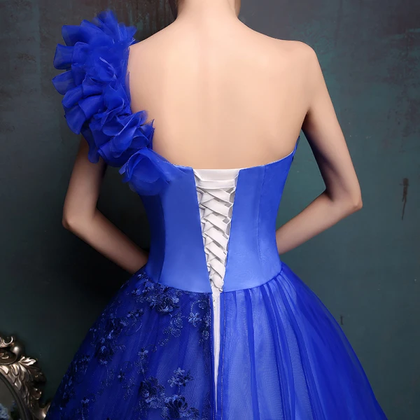 Affordable Royal Blue Prom Dresses 2017 Tulle One-Shoulder Ball Gown Appliques Backless Beading Prom Formal Dresses