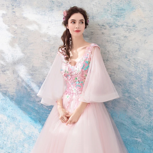 Chic / Beautiful Pearl Pink Prom Dresses 2018 A-Line / Princess Floor-Length / Long V-Neck Tulle Appliques Backless Beading Prom Formal Dresses