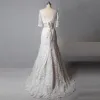 2 Piece Classic Elegant Ivory Court Train Wedding 2018 Trumpet / Mermaid U-Neck Lace-up Appliques Backless Embroidered Wedding Dresses
