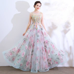 Chic Beautiful Multi Colors Floor Length Long Evening Dresses 2018 A Line Princess U Neck Tulle Appliques Backless Beading Printing Evening Party Formal Dresses