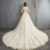 Luxury / Gorgeous Champagne Cathedral Train Wedding 2018 A-Line / Princess Tulle Beading Sequins Appliques Wedding Dresses