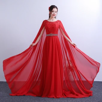 Chic Belle Rouge Chapel Train Robe De Soirée 2018 Princesse Avec Cape U Cou Chiffon Perlage Cristal Faux Diamant Soirée Robe De Ceremonie